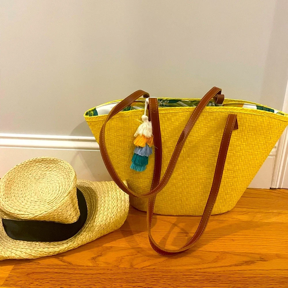 Large yellow straw woven tote with tassel and mini round rattan bag - Picture 13 of 13